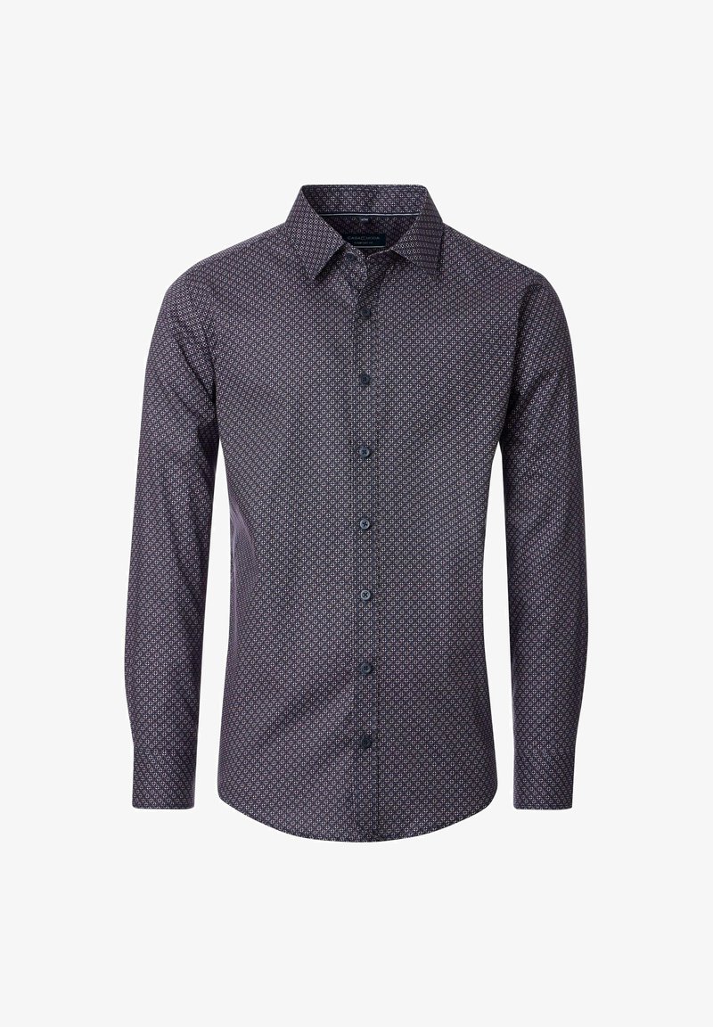 Men's long-sleeve button-up shirt with dark blue base and small white geometric pattern, pointed collar, and black buttons.