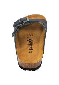 Black leather sandal with a single strap and silver buckle, cork footbed, and textured brown inner sole featuring brand logo.