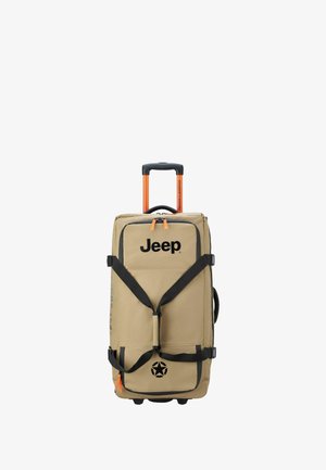 Beige wheeled duffel bag met zwarte accenten, groot "Jeep" logo, oranje ritssluitingen en stergrafiek. Beschikt over een handvat aan de bovenkant en een uittrekbaar handvat.