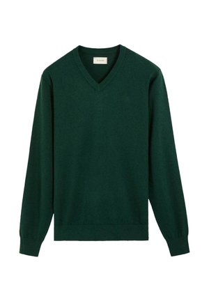 Jersey verde oscuro de manga larga con cuello en V, puños y bajo acanalados, mostrado sobre un fondo blanco.