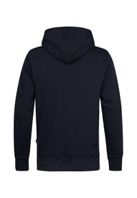 Marineblauer Hoodie mit verstellbarer Kapuze, langen Ärmeln und gerippten Manschetten. Hergestellt aus weichem Stoff mit glatter Textur, minimalistischem Design.