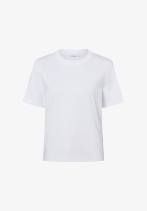 White short-sleeve t-shirt, made of smooth cotton fabric, features a crew neckline and relaxed fit, with no visible patterns or embellishments.