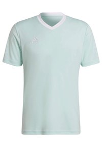Mátově zelené sportovní tričko s krátkým rukávem, designem do V, bílým lemem a vyšitým logem na levé hrudi. Lehké textilní provedení.
