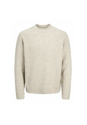 Maglione beige a coste con scollatura rotonda, maniche lunghe e tessuto strutturato. Presenta un orlo dritto e polsini elasticizzati.