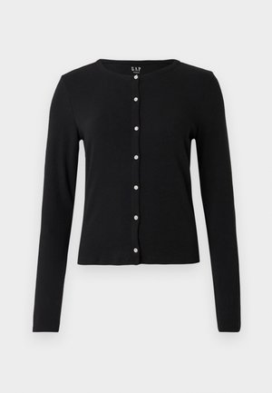 Schwarze Strickjacke mit langen Ärmeln aus weichem Stoff. Verfügt über einen Rundhalsausschnitt und eine vordere Knopfleiste mit glänzenden, dekorativen Knöpfen.