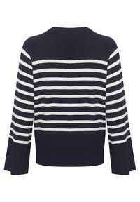 Navy and white striped sweater with a crew neck and long sleeves. Features a ribbed texture and a cropped hemline.