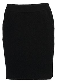 Jupe crayon en laine noire avec une silhouette ajustée, conçue avec une texture lisse et deux poches latérales. Aucune fermeture visible ni motifs.