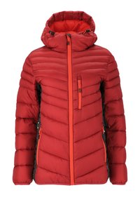 Rød padded jakke med vandret quiltning, sorte detaljer, justerbar hætte og kontrastfarvede orange lynlåse. Har frontlommer med lynlås.