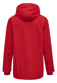 Rode waterdichte jas met een capuchon, voorzien van een gladde textuur, lange mouwen en elastische manchetten. Eenvoudig ontwerp zonder zichtbare hardware.