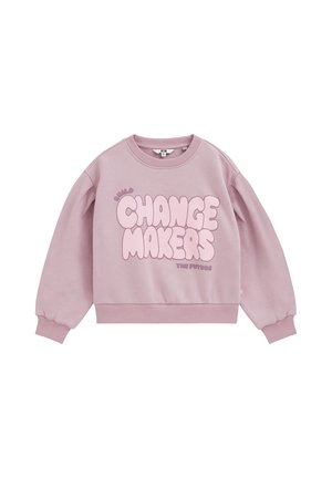 Sweat-shirt lilas à manches longues avec poignets et ourlet côtelés, affichant le texte "Build Change Makers The Future" en grosses lettres arrondies sur le devant.