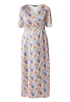 Maxi šaty z lehkého materiálu, s barevným květinovým a abstraktním potiskem v růžové, oranžové, modré a krémové. Výstřih do V a krátké rukávy.