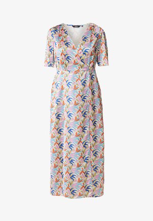 Maxi-jurk in lichtgewicht stof, met een kleurrijke bloemen- en abstracte print in roze, oranje, blauw en crème. V-hals en korte mouwen.