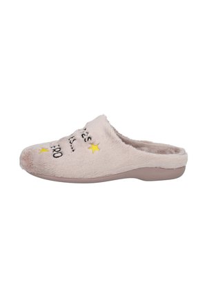 Zapatillas de felpa de imitación en rosa claro con texto bordado y estrellas amarillas. Textura suave, diseño de talón cerrado y suela de goma.