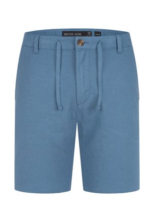 Vaaleansiniset shortsit pehmeää kangasta, joissa on nappi- ja nyöri suljenta, sivutaskut ja suora helma.