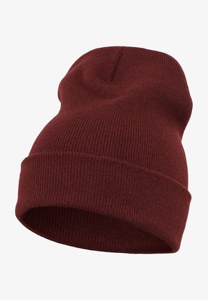 Bordeauxfarbene Strickmütze mit weicher Textur, ausgestattet mit einem umgeschlagenen Bündchen und einer snug-fit Passform, aus dehnbarem Material für zusätzlichen Komfort.