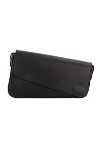 Sort læder clutch-taske med en glat tekstur, rektangulær form og flaplukning. Har et minimalistisk design uden synligt hardware.