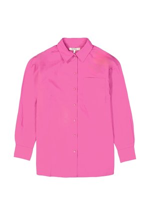Rosa Langarmhemd mit Knopfleiste, Kragen, einer einzelnen Brusttasche und einer glatten, leicht glänzenden Textur. Gerader Saum.
