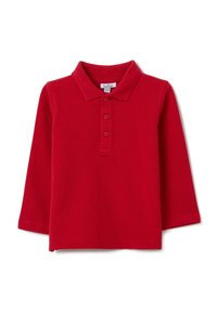 Rotes langärmliges Poloshirt aus Baumwolle mit spitzem Kragen, Dreiknopf-Leiste und Rippenstruktur.