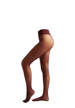 Collants opaques bordeaux avec une texture lisse, présentant une large ceinture et un design de jambe transparente, s'étendant de la taille à la cheville.
