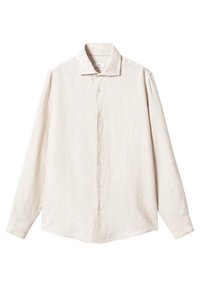 Jasnobeżowa lniana koszula na długi rękaw zapięta na guziki. Posiada klasyczny kołnierzyk i sześć guzików z przodu, luźny krój i minimalną fakturę.
