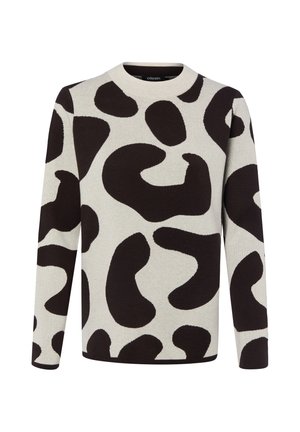 Maglione beige a maniche lunghe con grandi forme astratte nere irregolari e scollo rotondo.