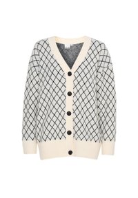 Cardigan lavorato a maglia con una base color crema e un motivo a diamante nero, caratterizzato da un colletto a V, sei bottoni neri e polsini e orlo a coste.