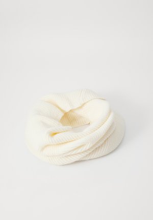 Sciarpa infinita lavorata a maglia in crema, con un design a coste testurizzato. Tessuto morbido con una sensazione liscia e accogliente. Forma circolare, senza hardware.