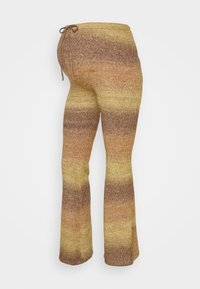 Calças flared leves e tricotadas com um padrão degradê em tons de amarelo, castanho e bege. Apresentam um cós com cordão para ajuste.