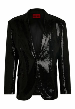 Schwarze Paillettenjacket mit Reverskragen, Ein-Knopf-Verschluss und zwei Fronttaschen. Glatte Fütterung und glänzende Textur steigern die visuelle Anziehung.
