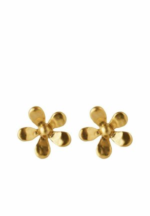 Øreringe i guldfarvet metal formet som fembladede blomster med afrundede, let ujævne kronblade og en poleret overflade.