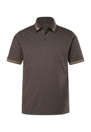 Brown short-sleeve polo shirt with small white polka dots, contrasting collar and sleeve trim, and a chest pocket on the left side.