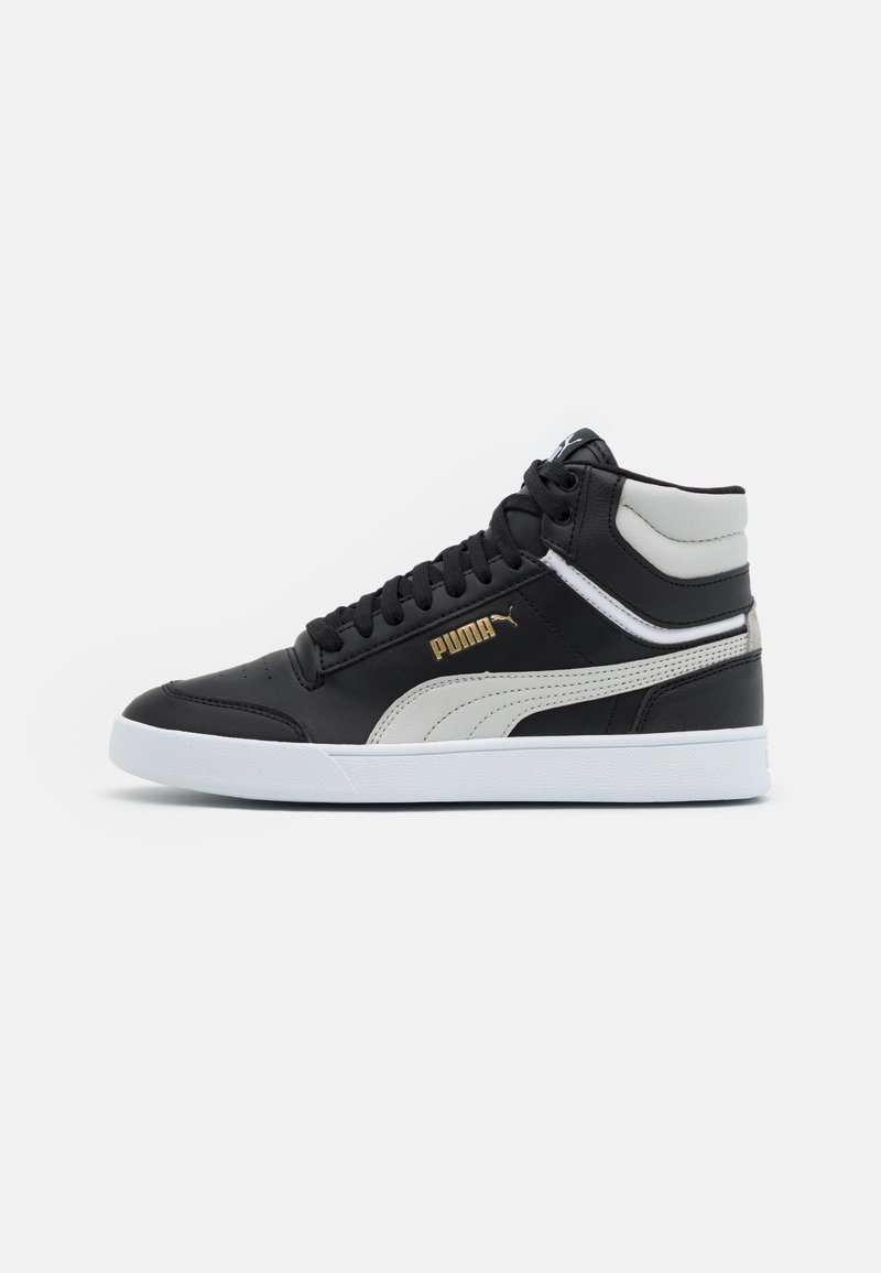 Black high-top sneakers made of synthetic leather, featuring gray accents, a white sole, and a gold logo on the side.