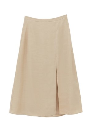 Falda midi beige, tela lisa, silueta en línea A, detalle de abertura lateral, dobladillo limpio, sin cierres ni estampados visibles.
