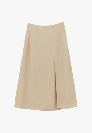 Falda midi beige, tela lisa, silueta en línea A, detalle de abertura lateral, dobladillo limpio, sin cierres ni estampados visibles.