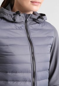 Veste en duvet grise avec un devant rembourré, des manches lisses, une fermeture éclair et une capuche à cordon. Matériau texturé avec des coutures horizontales.