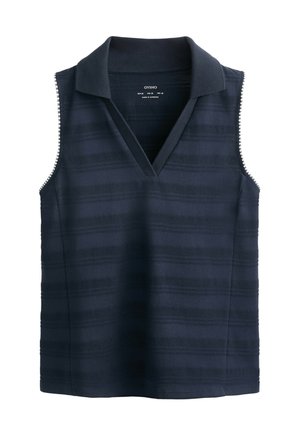 Marineblaue ärmellose Bluse mit V-Ausschnitt und gestreifter Textur, ausgestattet mit einem Kragen und Details an den Seiten.