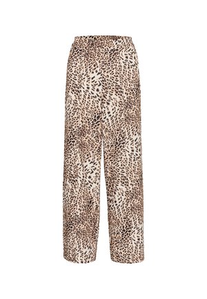 Nohavice s širokými nohavicami v leopardom vzore vyrobené z mäkkej látky, s elastickým pásom a svetlo béžovým pozadím s tmavohnedými škvrnami.