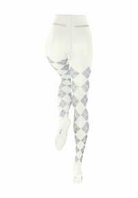 Collant bianchi con un motivo a diamante blu, dotati di un design testurizzato e lavorato a maglia e di un bordo superiore liscio. Raggiungono il polpaccio con una vestibilità aderente.
