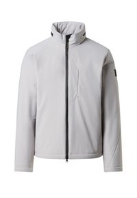 Hellgraue Jacke mit hohem Kragen, Frontreißverschluss und Brusttasche. Verfügt über schwarzen Reißverschluss und Ärmelakzente, glatte Textur.