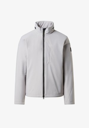 Chaqueta gris claro con cuello alto, cremallera frontal y un bolsillo en el pecho. Presenta detalles en negro en la cremallera y las mangas, textura suave.