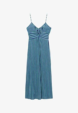 Striped, sleeveless dress featuring a fitted bodice with twist detail, falling to a long, loose skirt; colors include navy, green, and white.