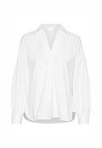 White cotton blouse with a V-neck, long puff sleeves, and subtle pleating at the front. Smooth texture, casual yet refined design.