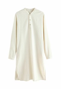 Hellbeige Langarmshirt mit Stehkragen, vier Knopfverschluss und strukturiertem Stoff. Seitenschlitze verbessern die Bewegungsfreiheit und den Sitz.