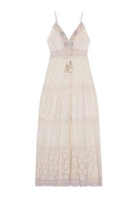 Vestido maxi de tela crema con paneles de encaje, tirantes ajustables, escote en V, acentos bordados y lazos con borlas en la cintura.