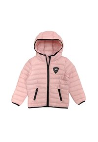 Rosa Puffjacke mit Kapuze, Reißverschluss, schwarzem Besatz, seitlichen Taschen und einem Logo-Patch auf der Brust; durchgehend mit Stepptextur.