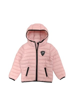 Giacca a vento rosa con cappuccio, chiusura a zip, rifiniture nere, tasche laterali e una patch con il logo sul petto; texture trapuntata in tutto il capo.