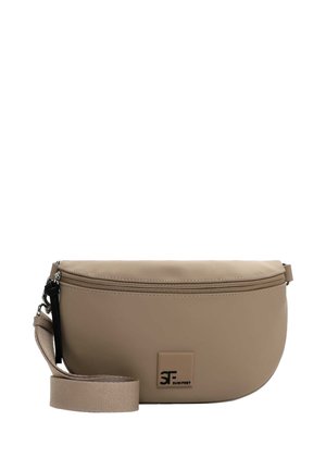 Beis colora pusmēness formas somiņa ar rāvējslēdzēja aizdari un regulējamu siksnu, priekšpusē ar mazu melnu "SF Surifrey" logotipa uzliku.