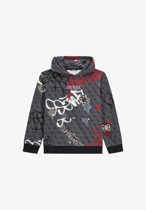 Šedá mikina s graffiti vzory v červené, modré a bílé barvě. Obsahuje klokánkovou kapsu a kapuci se šňůrkami. Vyrobena z měkké látky.