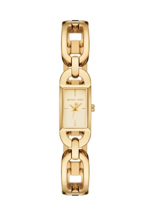 Montre-bracelet rectangulaire Michael Kors ton or avec bracelet chaîne relié et cadran minimaliste affichant les aiguilles des heures, des minutes et des secondes.