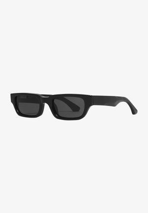 Black square-framed sunglasses with thick temples and dark lenses. Made from plastic, featuring a smooth, matte finish.